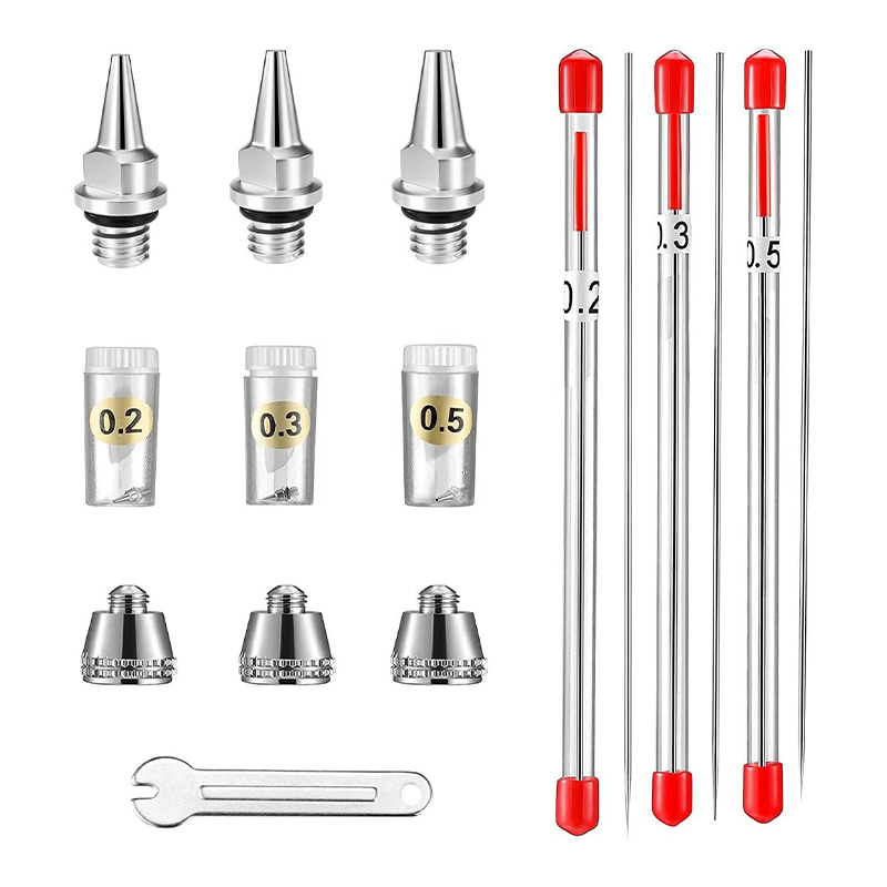10-Stück-Airbrush-Ersatzteile Kit mit 0,2 mm, 0,3 mm und 0,5 mm Airbrush-Düsen, Nadeln, Düsenkappen und Minischlüssel für Sprühpistolenzubehör